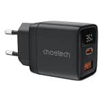 شاحن حائط Choetech GaN بقوة 35 واط مع شاشة ومنفذي USB-C و USB-A (أسود)