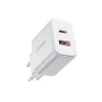 شاحن حائط Joyroom JR-TCF05 سريع مزدوج المنفذ 20 واط USB-C / USB-A - أبيض