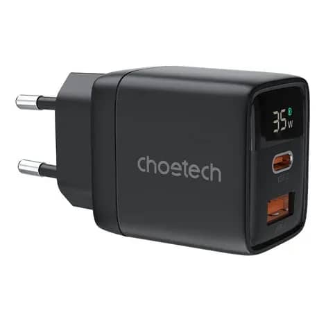 شاحن حائط Choetech GaN بقوة 35 واط مع شاشة ومنفذي USB-C و USB-A (أسود)