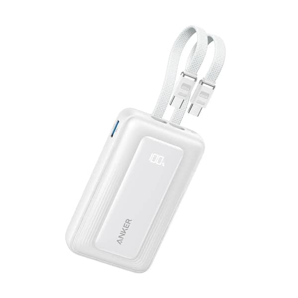 باور بانك أنكر 10000 ميلي أمبير 35 واط بكابلي USB-C مدمجين | أبيض (Anker A1680H32)