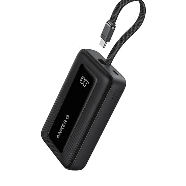 شاحن باور بانك Anker Zolo المحمول فائق السرعة 10000 مللي أمبير مع كيبل USB-C مدمج - 30 وات (أسود)