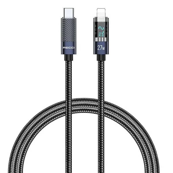 كابل شحن ومزامنة كريستال لايتنينج Recci RS-16CL بقوة 27 وات، 1.2 متر - أسود