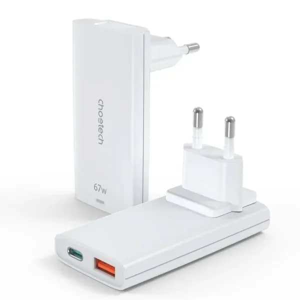 شاحن جداري Choetech PD65W GaN فائق النحافة بمنفذي USB-C و USB-A أبيض