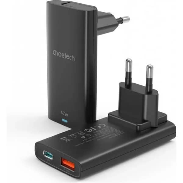 شاحن Choetech GaN PD 65W فائق النحافة بمنفذي USB-C و USB-A أسود
