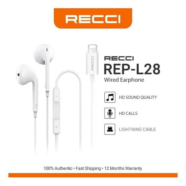 سماعات أذن سلكية Recci REP-L28 بمنفذ Lightning - جودة صوت HD وباس عميق ومكالمات واضحة