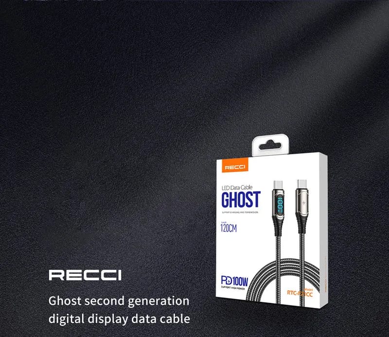 كيبل RECCI RTC-P21CC للشحن السريع PD 100W تايب سي إلى تايب سي بطول 1.2 متر - أسود